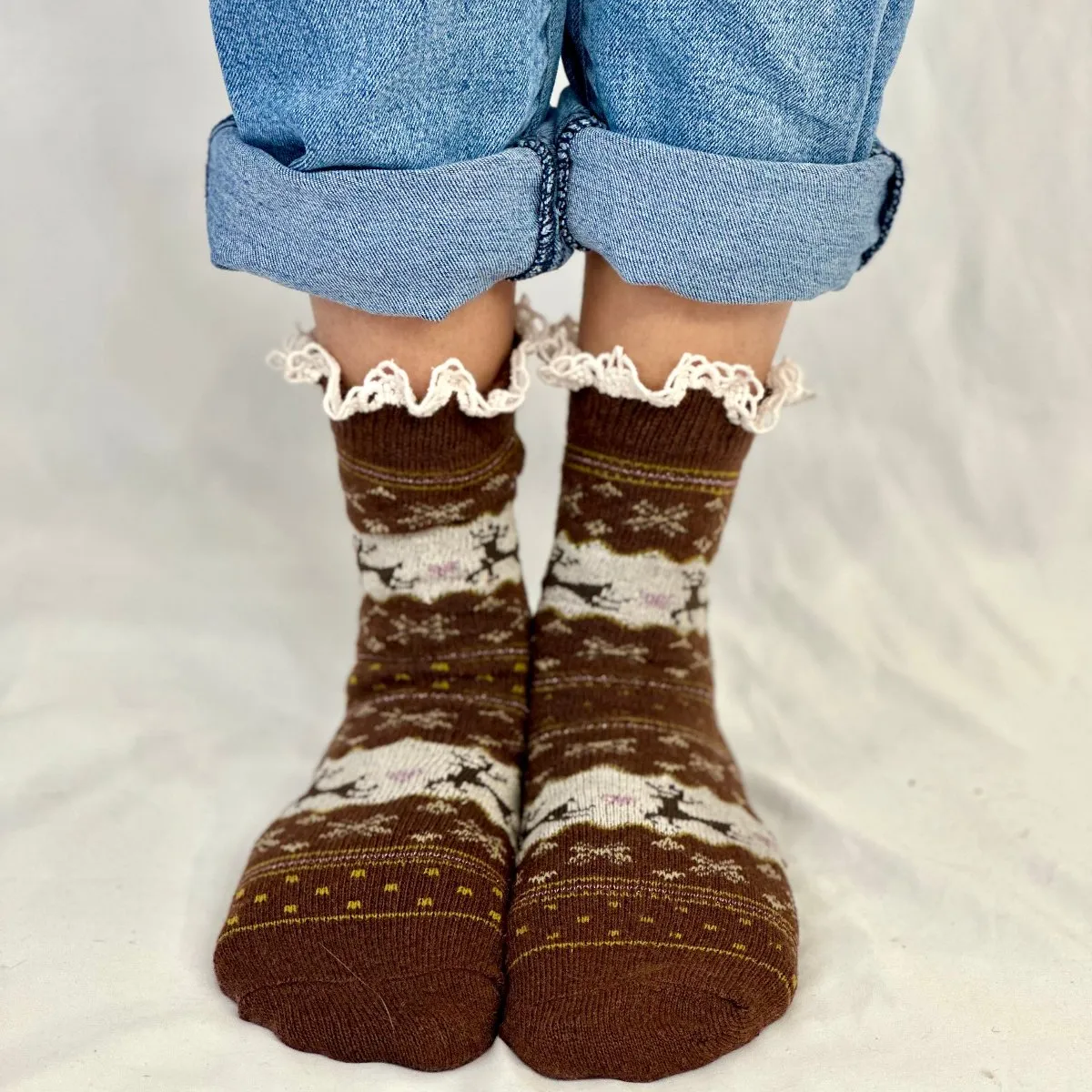 REINDEER patterned lace topped socks - brown