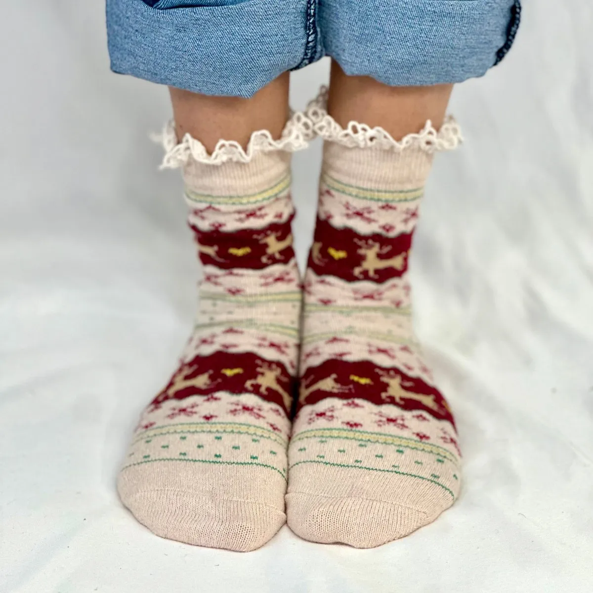 REINDEER patterned lace topped socks - burgundy