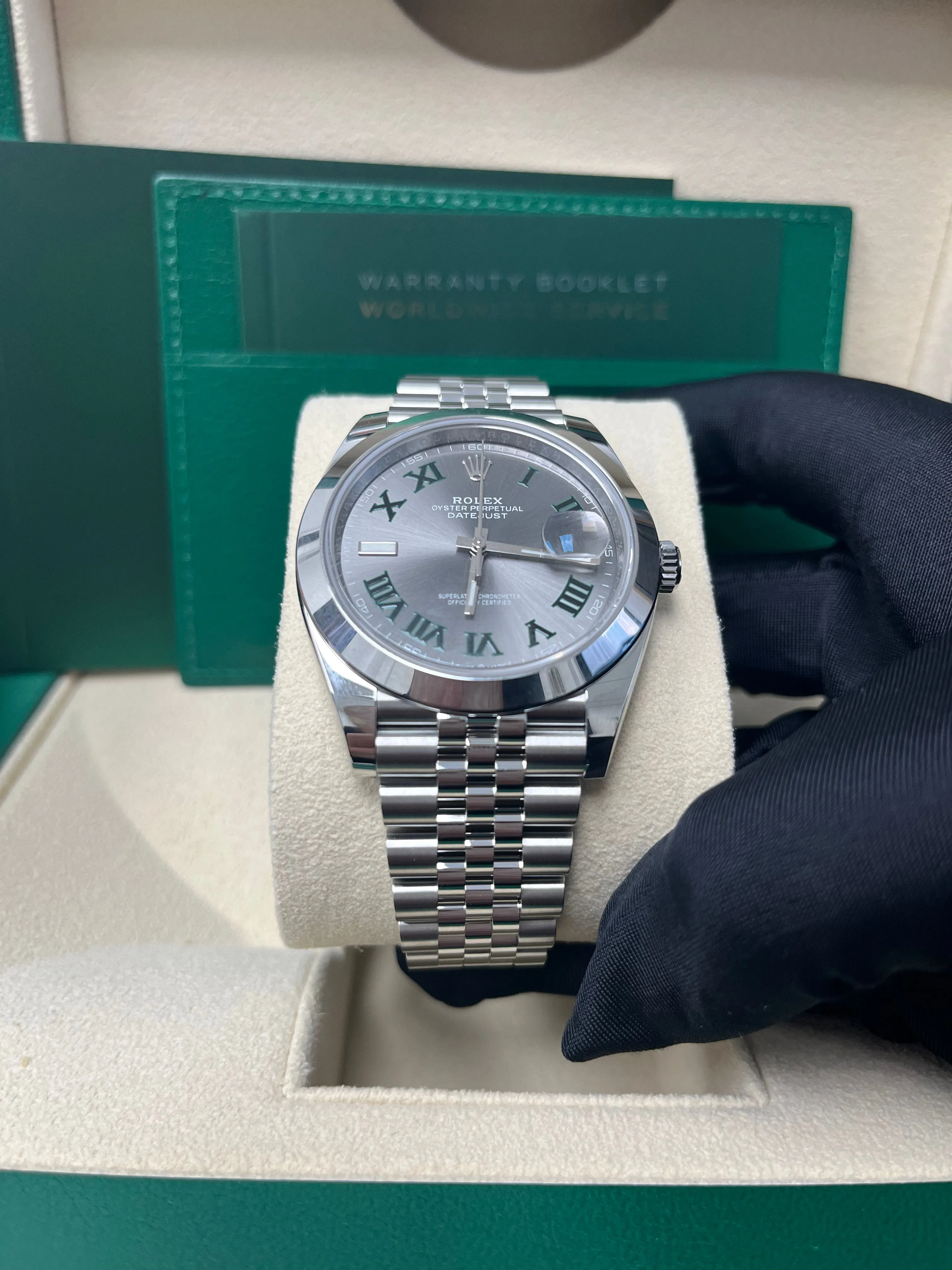 Rolex Datejust 41/ Stainless Steel/ Wimbledon Slate Green Roman Dial/ Smooth Bezel/ Jubilee Bracelet (Ref# 126300)