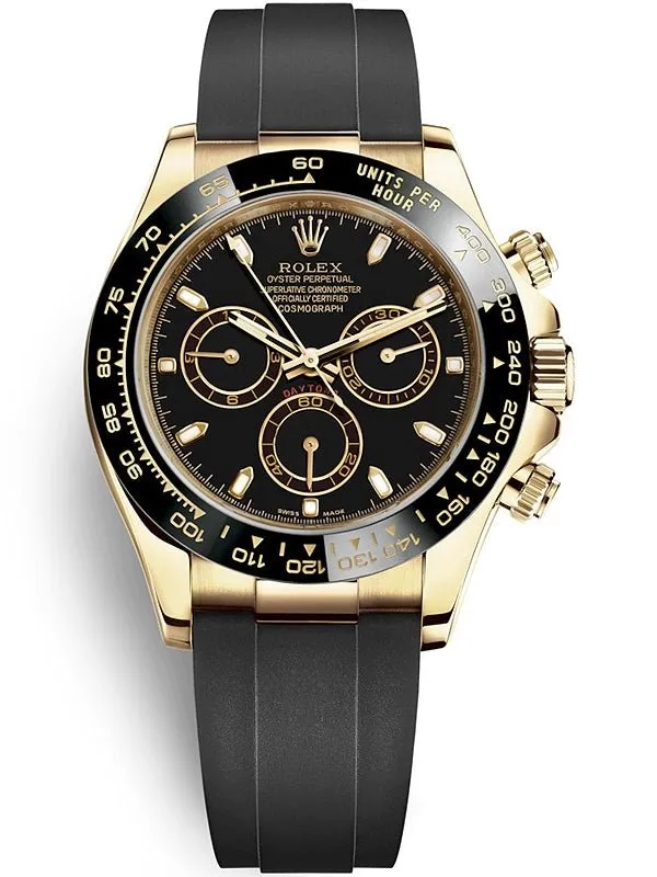 Rolex Daytona Yellow Gold Daytona 40 Watch - Black Index Dial - Black Oysterflex Strap 116518LN