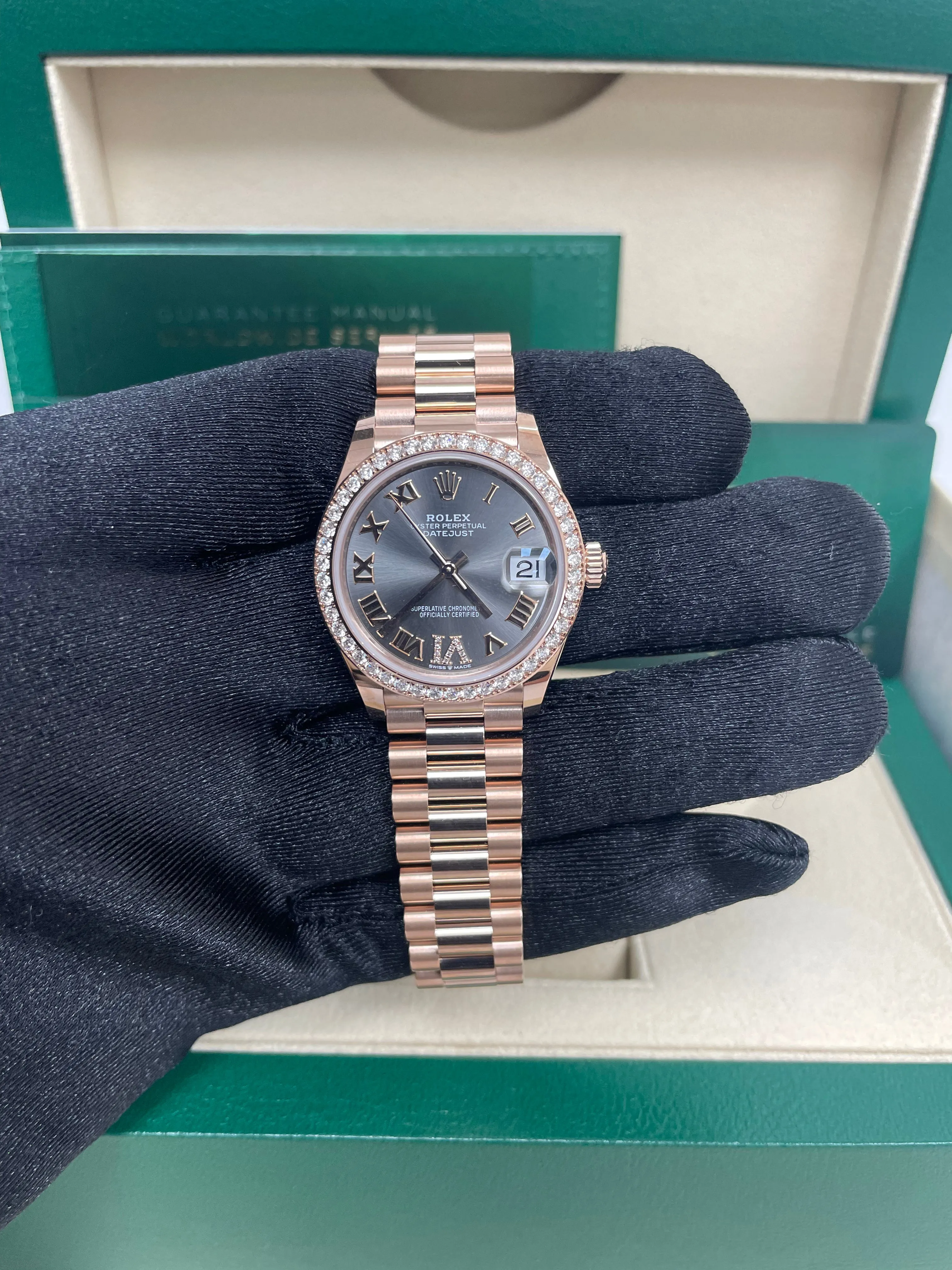 Rolex Everose Gold Datejust 31 Watch - Diamond Bezel - Rhodium Diamond Six Dial - President Bracelet  (Reference # 278285RBR)