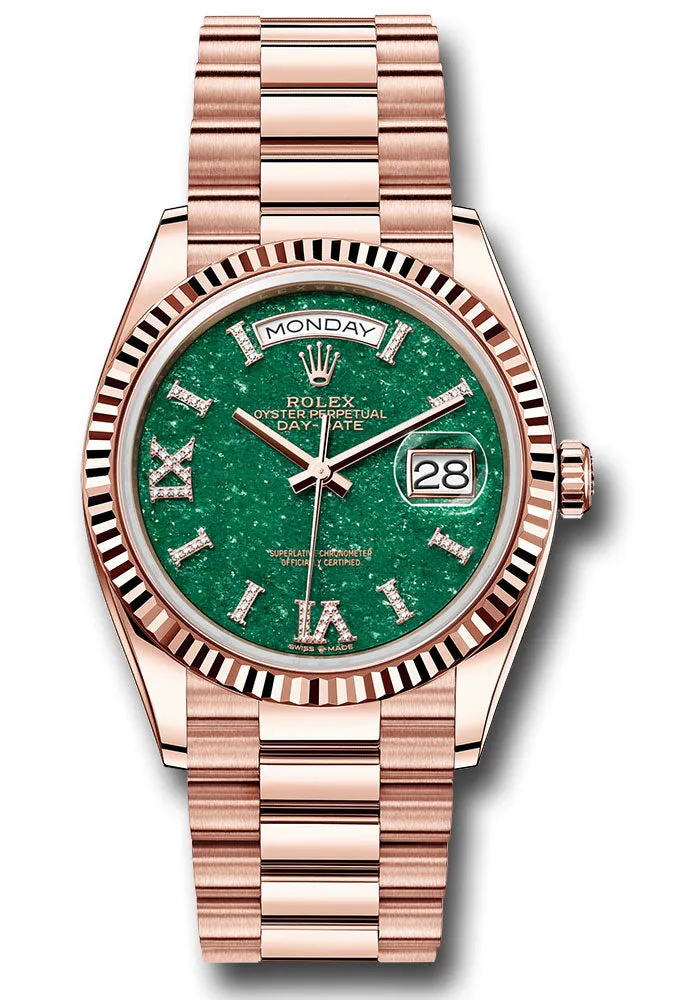 Rolex Everose Gold Day-Date 36 Watch - Fluted Bezel - Green Aventurine Diamond Index Roman 9 Dial - President Bracelet - 128235 gavdidrp