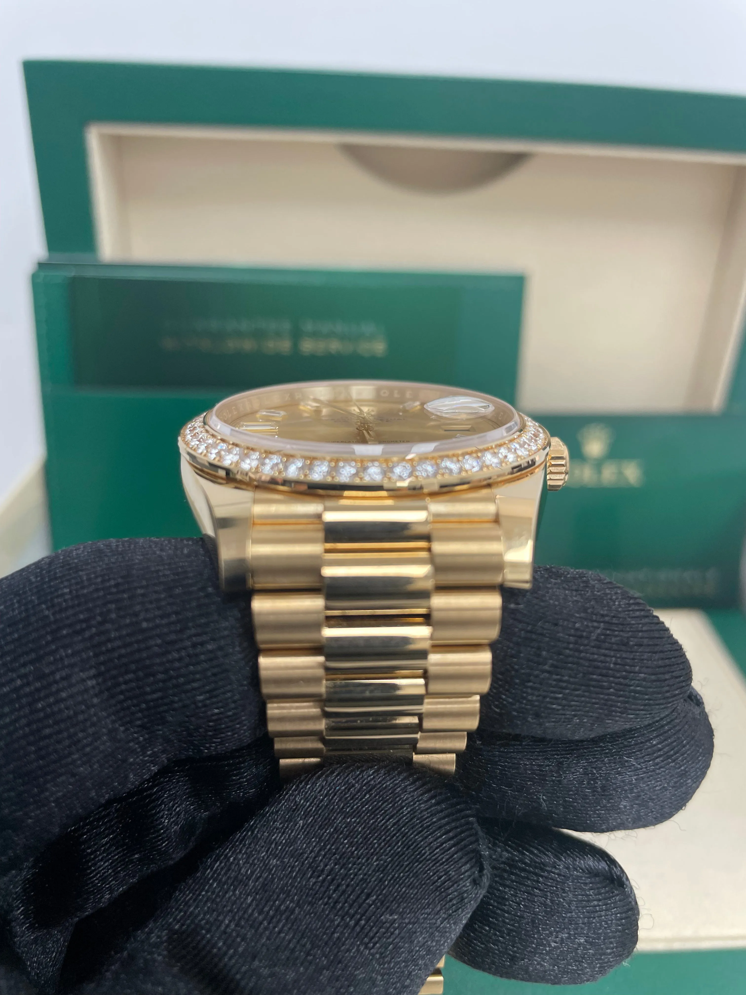 Rolex Yellow Gold Day-Date 40 Watch - Yellow Gold Bezel - Champagne Baguette Diamond Dial - President Bracelet ( Ref# 228348RBR)