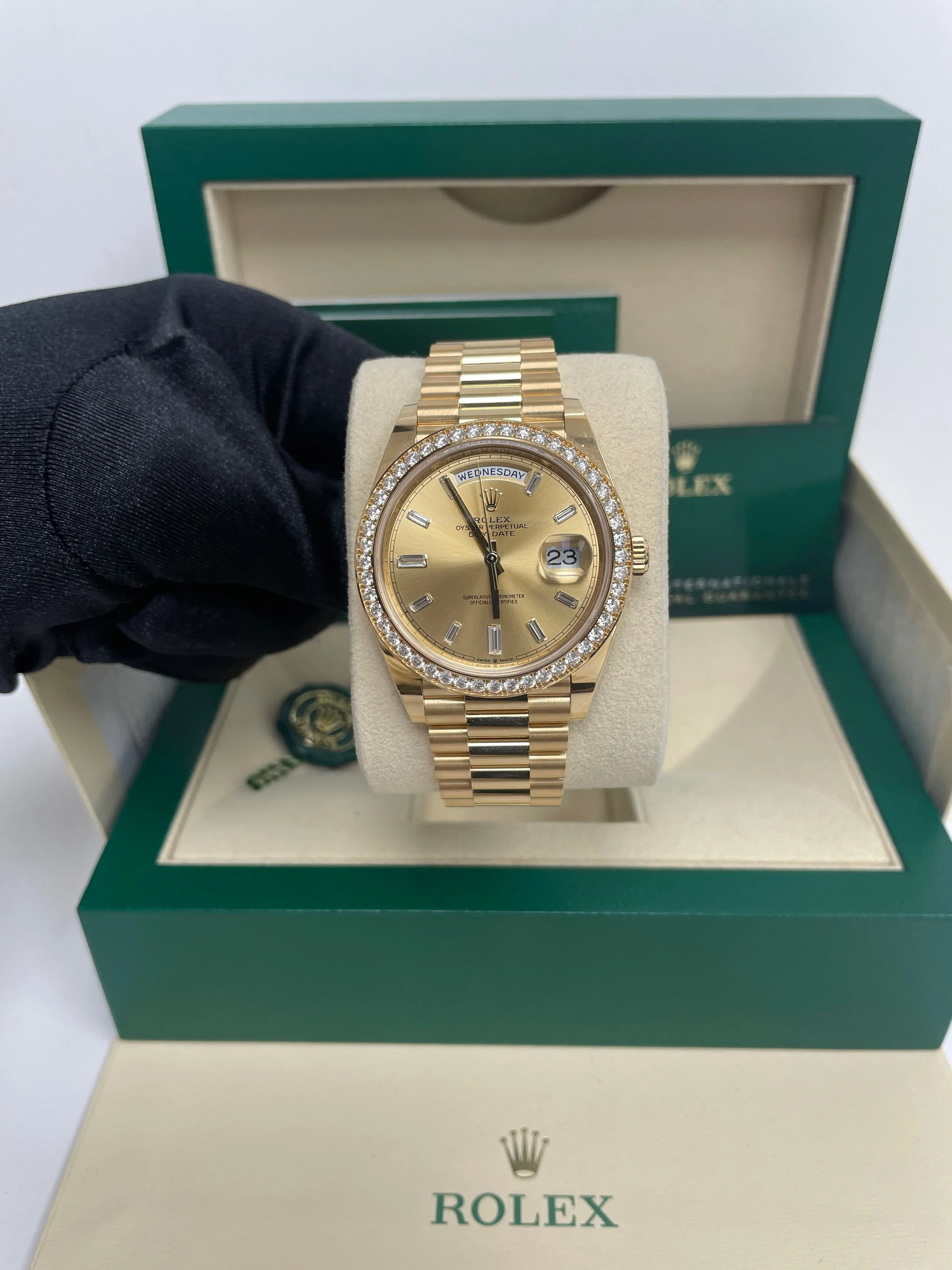 Rolex Yellow Gold Day-Date 40 Watch - Yellow Gold Bezel - Champagne Baguette Diamond Dial - President Bracelet ( Ref# 228348RBR)