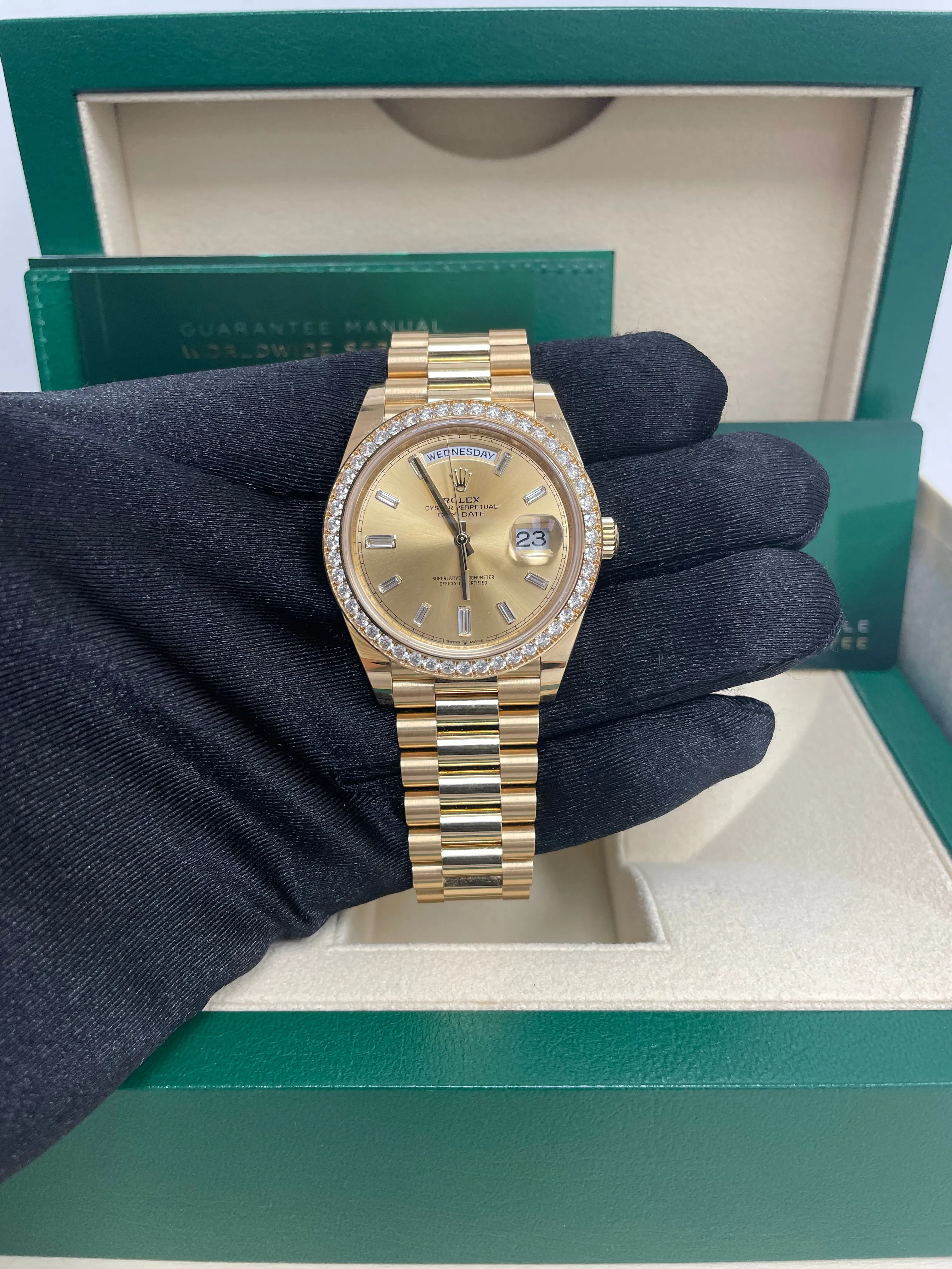 Rolex Yellow Gold Day-Date 40 Watch - Yellow Gold Bezel - Champagne Baguette Diamond Dial - President Bracelet ( Ref# 228348RBR)