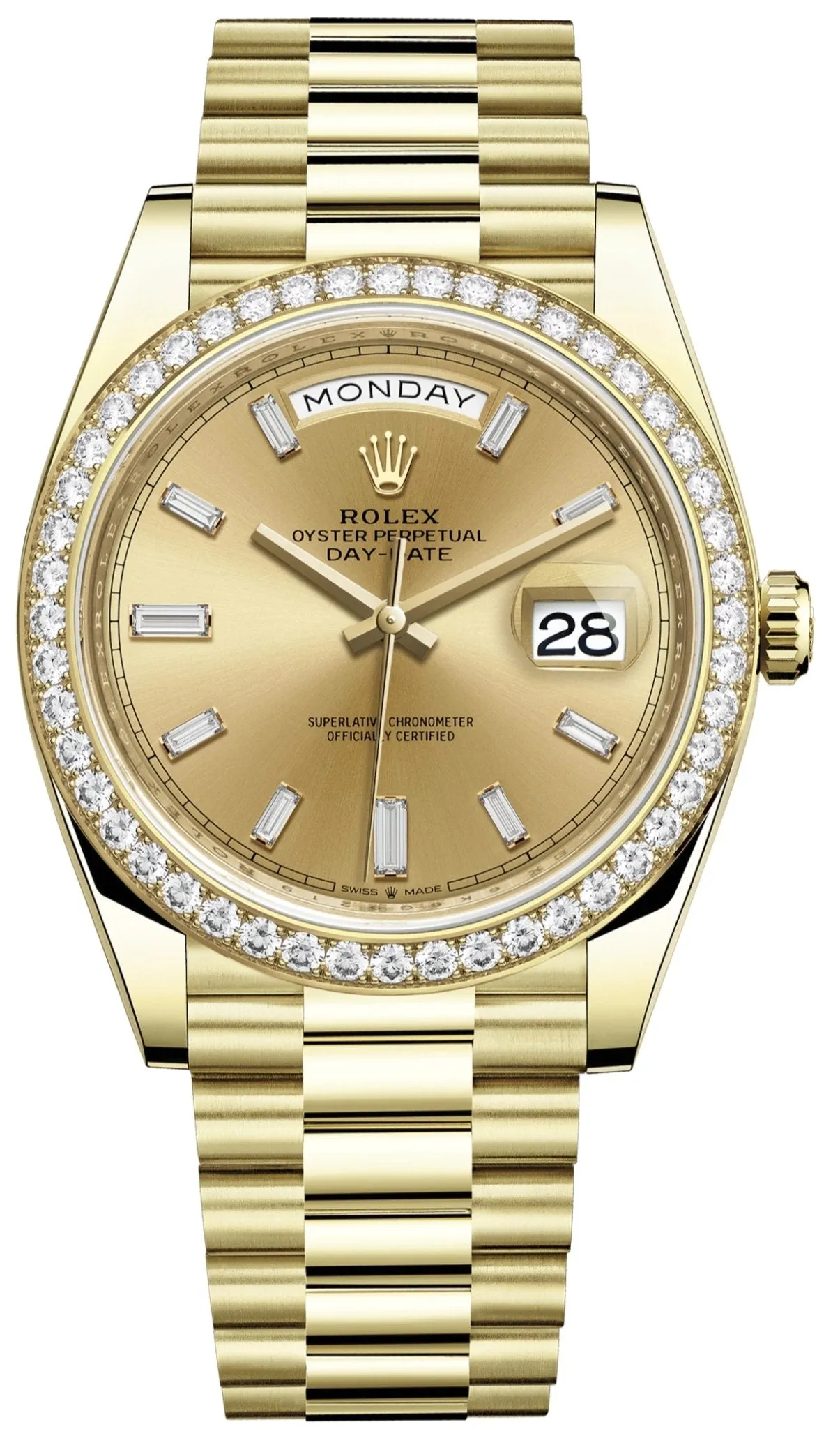 Rolex Yellow Gold Day-Date 40 Watch - Yellow Gold Bezel - Champagne Baguette Diamond Dial - President Bracelet ( Ref# 228348RBR)