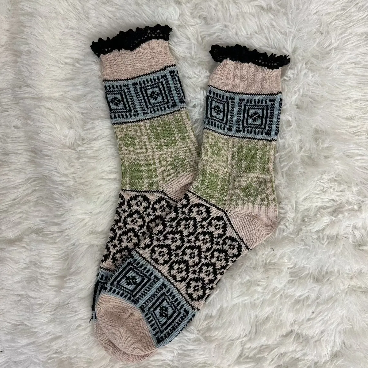 SKI sweater knit lace topped socks - tan