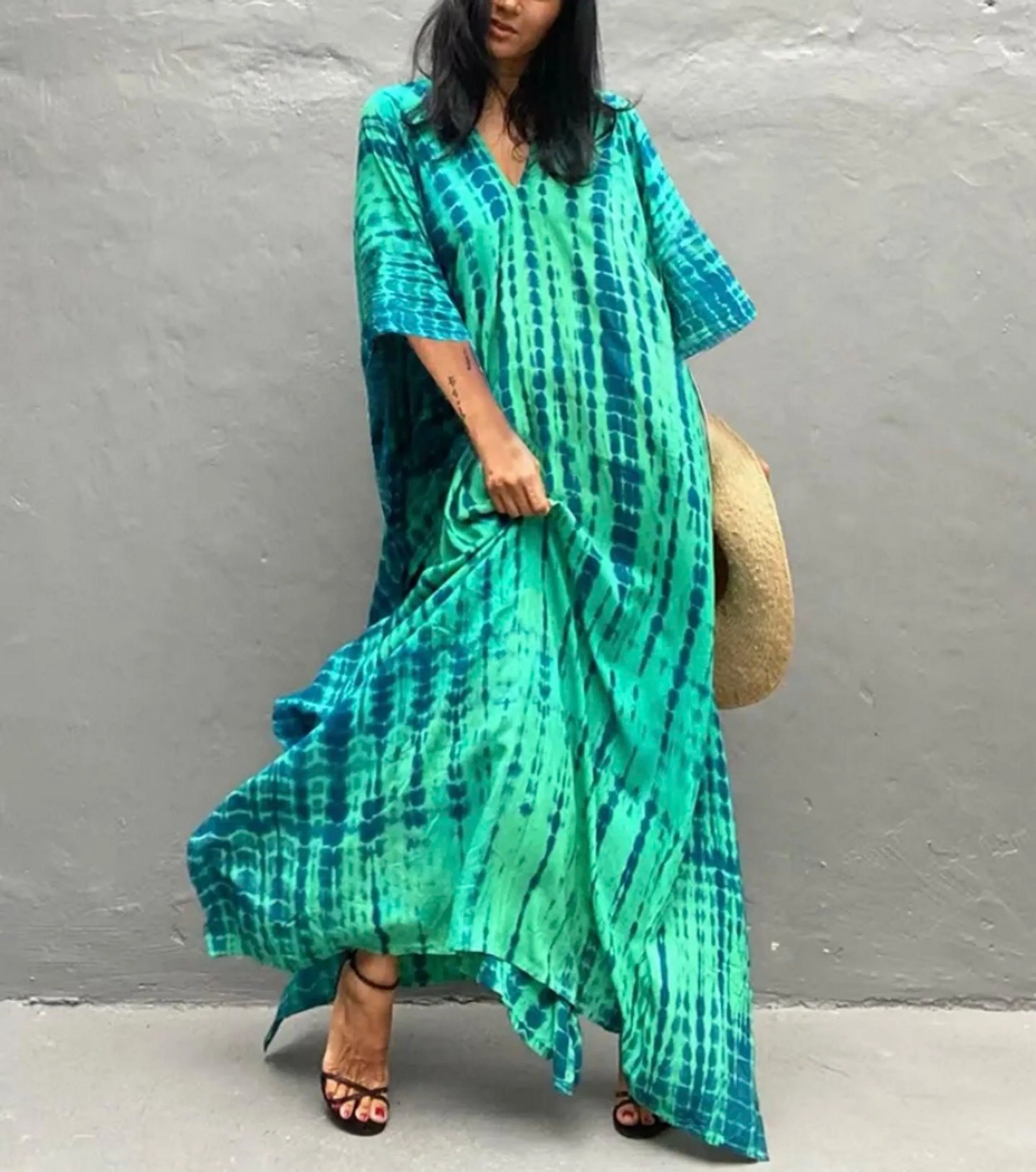 Tie Dye Boho Kaftan, Bohemian Kaftan Dress, Boho Retro Striped Tie Dye Women Swimsuit Cover Up, Beach Dress Kaftan