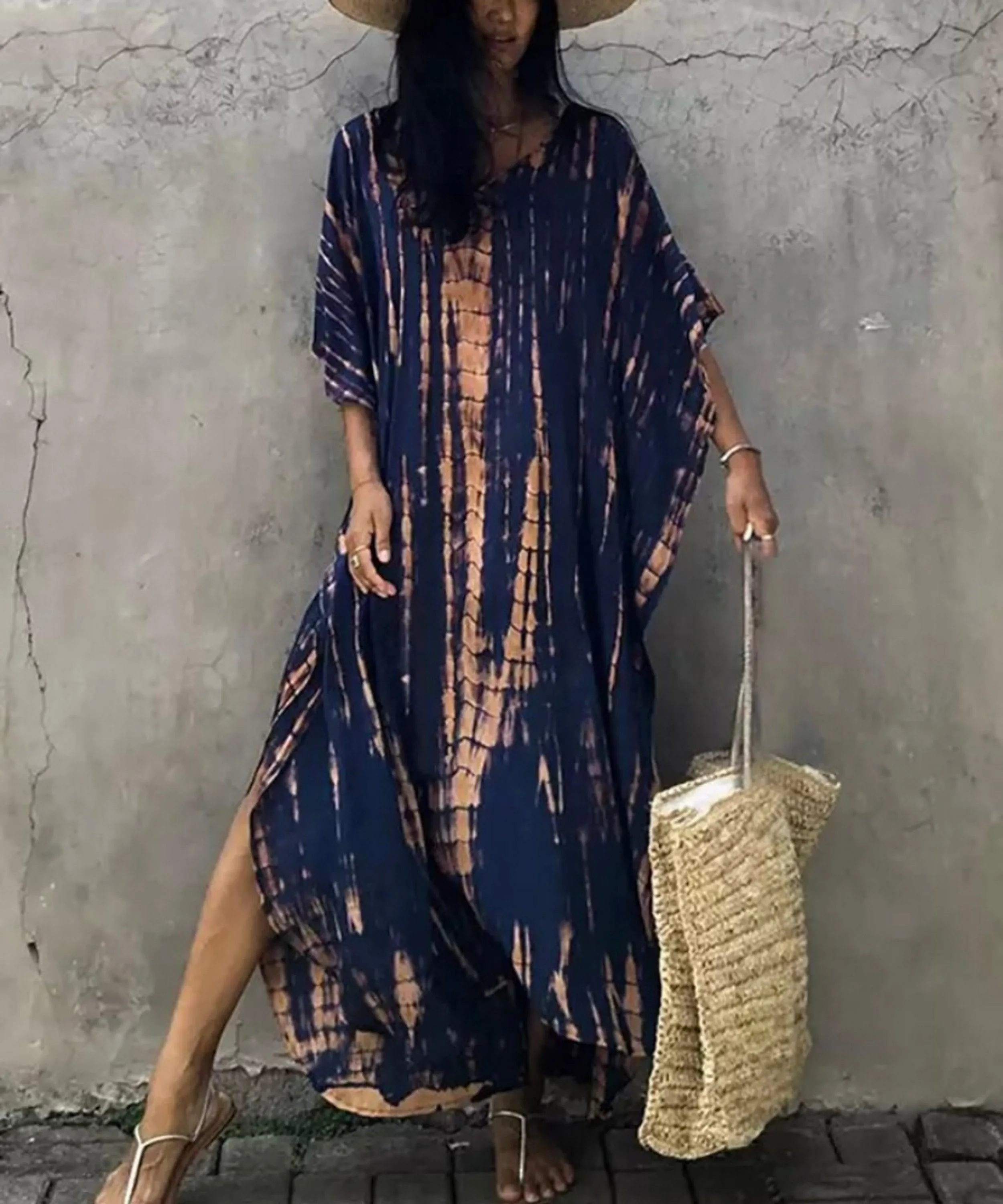 Tie Dye Boho Kaftan, Bohemian Kaftan Dress, Boho Retro Striped Tie Dye Women Swimsuit Cover Up, Beach Dress Kaftan