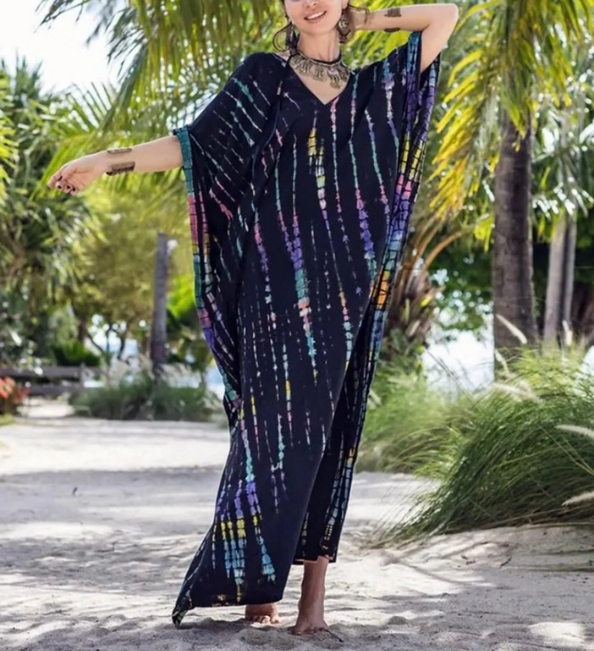 Tie Dye Boho Kaftan, Bohemian Kaftan Dress, Boho Retro Striped Tie Dye Women Swimsuit Cover Up, Beach Dress Kaftan