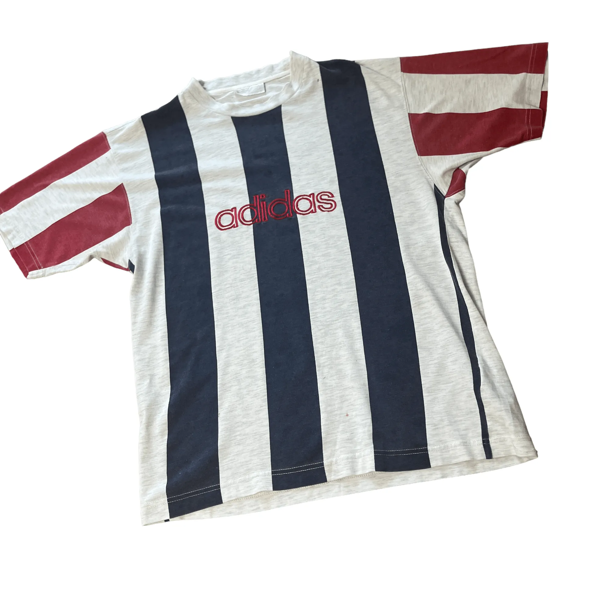 Vintage 90s Grey, Red   Navy Blue Adidas Spell-Out Tee - Medium