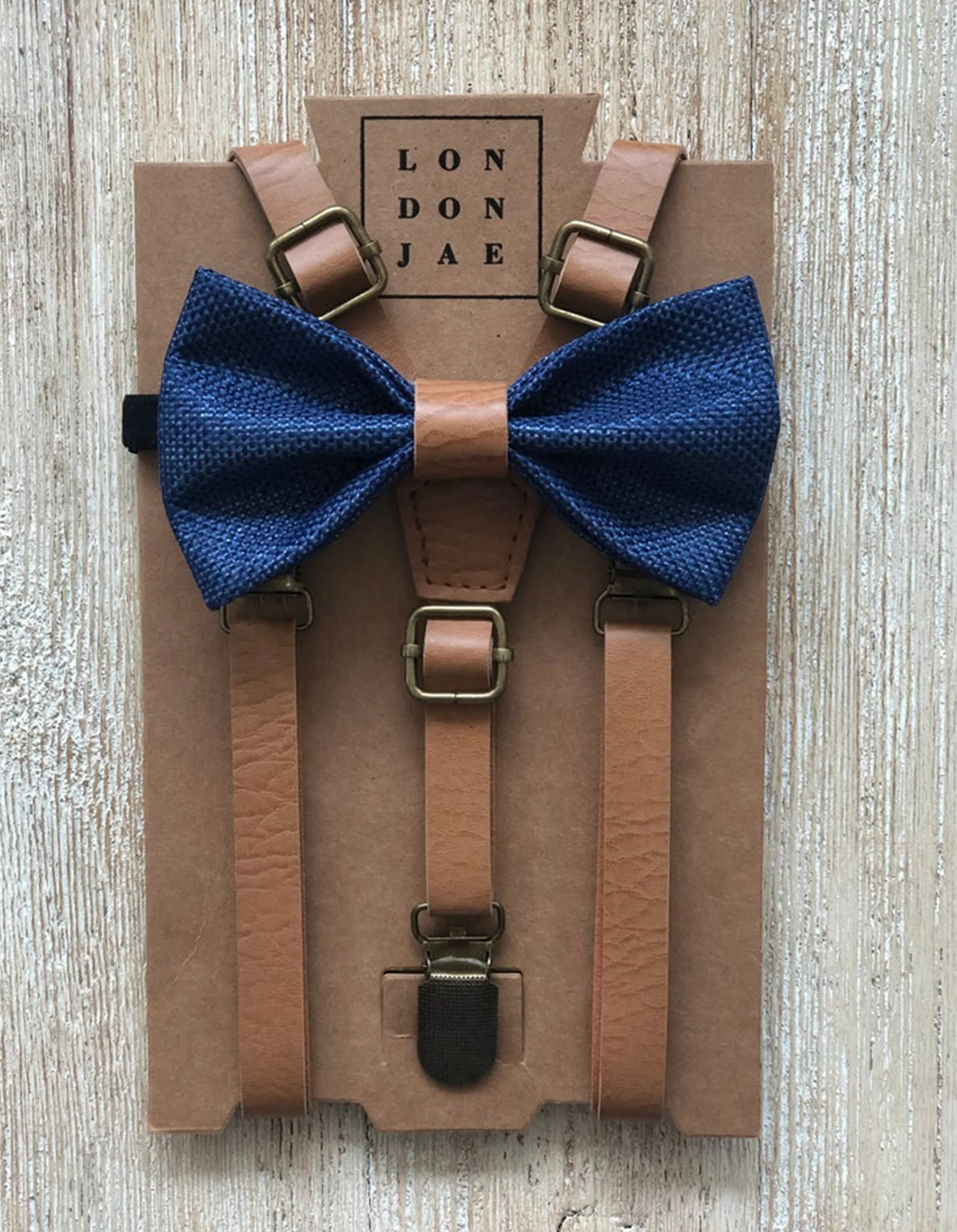 Vintage Tan Suspenders w/ Navy Burlap Bowtie with Vintage Tan Center