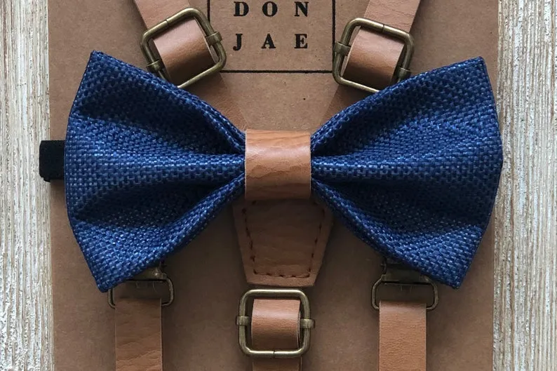 Vintage Tan Suspenders w/ Navy Burlap Bowtie with Vintage Tan Center