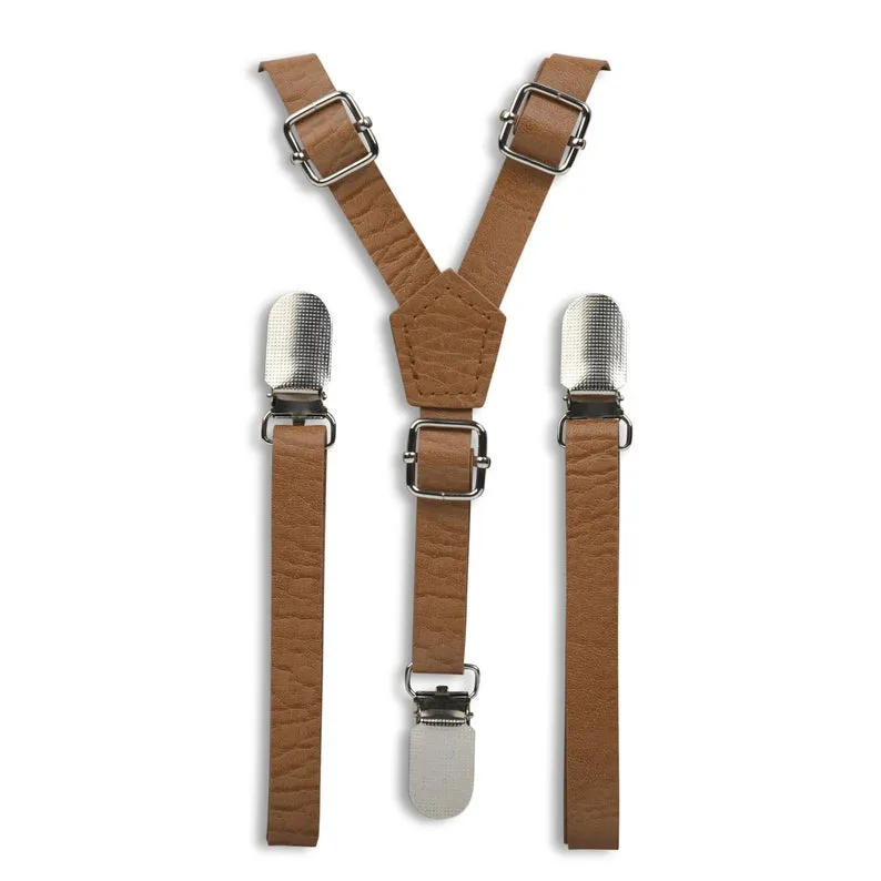 Vintage Tan Suspenders w/ Navy Burlap Bowtie with Vintage Tan Center