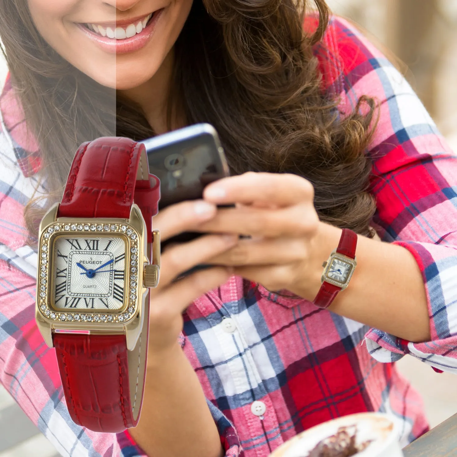 Women's 34x24mm Tank Watch with Crystal Bezel Red Leather Strap