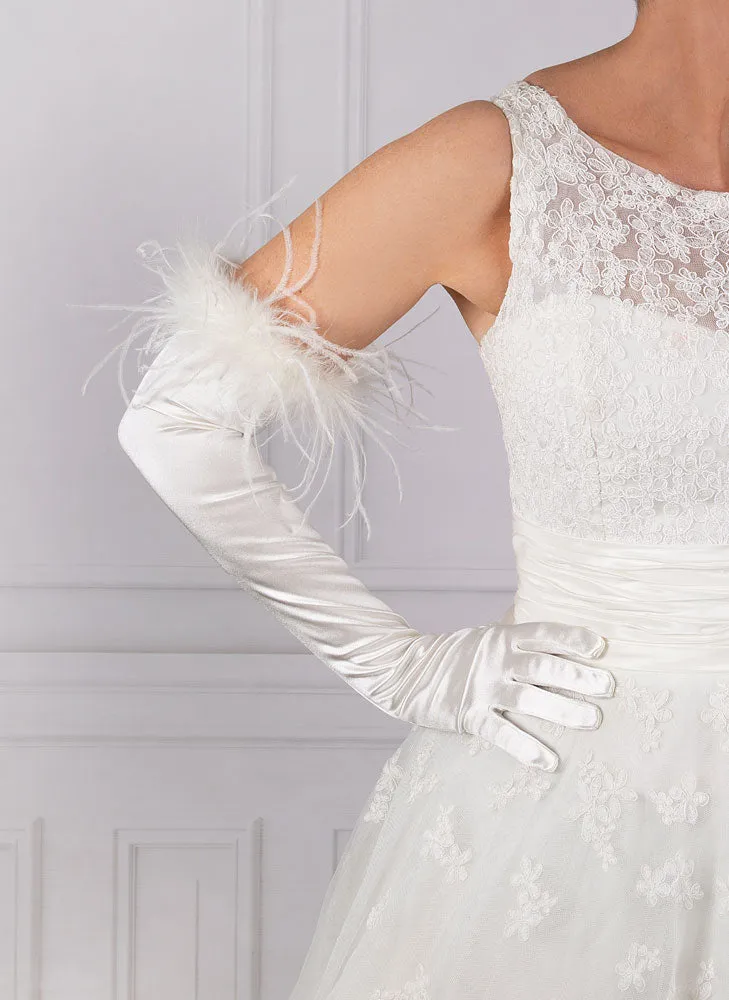 Women's Long Opera Satin Gloves with Feather Cuffs