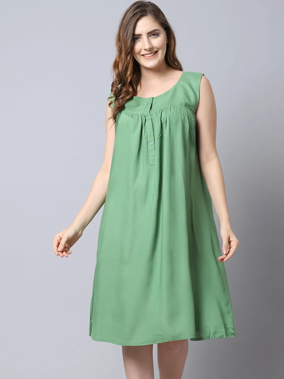 Women's Rayon Solid Night Dress with Front Buttons - Green